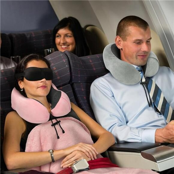 Travel Pillow Blanket Set Memory Foam Neck Support with Eye Mask for Airplane - Picture 2 of 8